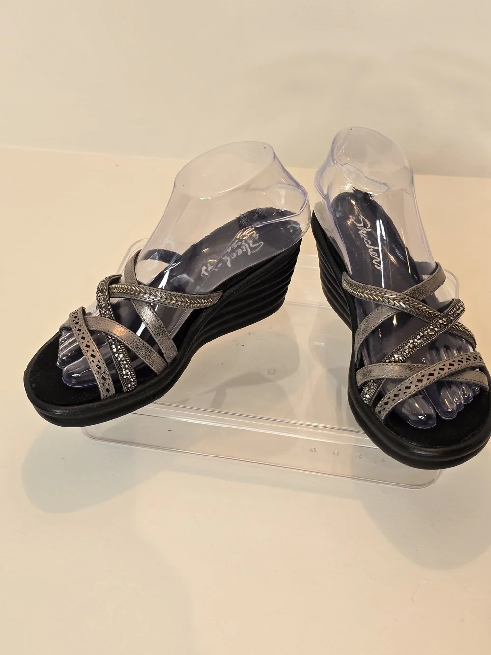 Skechers Silver Metallic Strappy Wedge Slides Sz 6